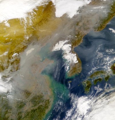 Korea and the Sea of Japan obscured by swirls of pollution by National Aeronautics and Space Administration National Aeronautics and Space Administration